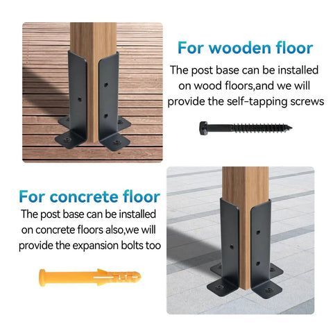 Adjustable Deck Post Anchor Base Brackets For 1.5x1.5 To 4x4 Wood Posts Kit Fits 2x2 2x4 Fences Pergolas Rails Mailbox Mount Patio Covers No Fuss Install Heavy Duty shown installed on wooden and concrete floors with screws and bolts.