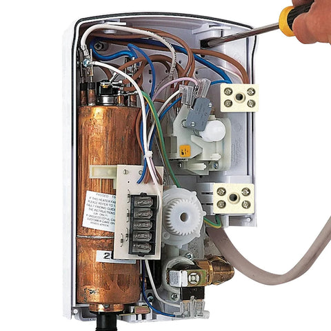Ceramic terminal block connectors, 6-pack porcelain high-temp for oven wiring, interior view with screwdriver.