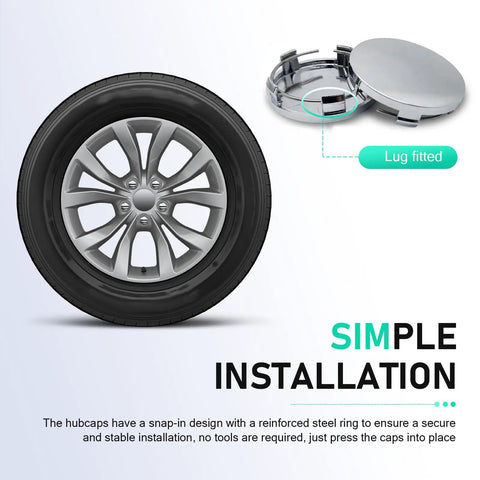 4 Pc Heavy Duty Car Wheel Center Caps 60 Mm Bore Snap In Hub Caps Rock Solid Anti Drop Rim Replacement with installation guide.