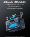 Slick Pocket Sized Portable Power Station With Resilient LiFePO4 Cell And 100 Watt Output, showing power bank with digital display and AC outlets.