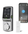Heavy Duty Commercial Smart Deadbolt 10 Pack Fire Rated Keypad Lock showing biometric keypad lock and mobile app interface.