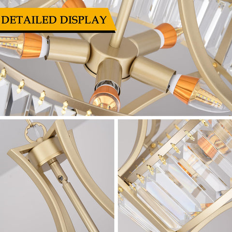 Close-up of Three Ring Crystal Chandelier With LED Ceiling Light, displaying gold finish and LED bulb details.
