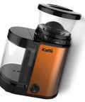 Straight Fire Electric Coffee Burr Grinder With Precision Conical Stones And Stepless Settings For That Fresh Ground Vibe 5.5 Oz Copper Hopper viewed from top left angle.