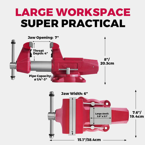 Heavy Duty 6 Inch Bench Vise With Thick Steel Anvil And 360 Degree Swivel Base, showing dimensions and features for mechanics.