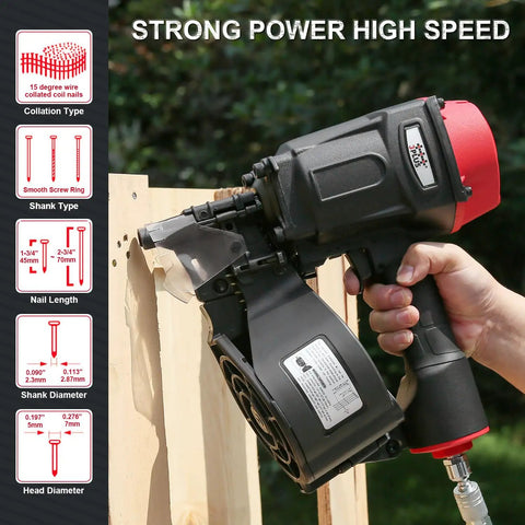 Pro Grade Pneumatic Coil Pallet Nailer shooting 15 Degree wire collated fasteners on wood with durable aluminum build.