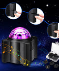 15 In 1 Star Projector With Remote, Galaxy Night Light And Moon Light, Bluetooth Speaker showing slide insertion and colorful lights.