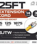 Weatherproof Outdoor Extension Cord 25 Ft Heavy Duty 14/3 SJTW 15 Amp Yellow 3 Prong Lighted End product features