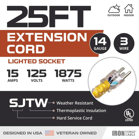 Weatherproof Outdoor Extension Cord 25 Ft Heavy Duty 14/3 SJTW 15 Amp Yellow 3 Prong Lighted End product features