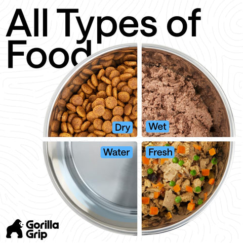 Stainless Steel Dog Bowls With Non Slip Rubber Base Built To Last Food Grade 304 Heavy Duty Each Holds Four Cups Or Thirty Two Fluid Ounces Dishwasher Safe Rust Resistant BPA Free Great For Dogs And Cats Set Of Two Black divided with dry, wet, fresh food, and water.