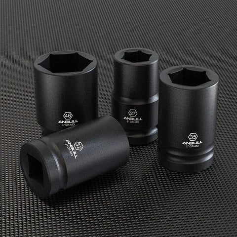 1 Inch Drive Deep Impact Socket Set, 9-Piece Jumbo 6-Point Metric Sockets, CR-Mo Steel, displayed on textured surface