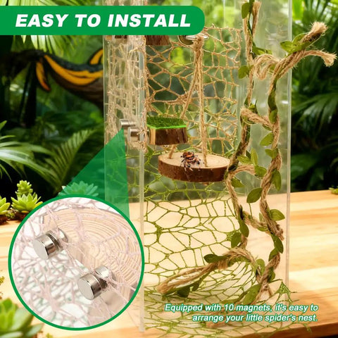 Premium Seven Piece Jumping Spider Habitat Decor Kit Featuring Natural Wood Platforms Cozy Hanging Swing Braided Hemp Rope Bridge And Glitter Webs For Compact Enclosures That Totally Slaps with netting and wooden logs.