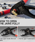 Angle Head PEX Crimping Tool for Copper Rings 1/2 and 3/4 Inch IWS-1234C with open jaws and copper ring instructions.