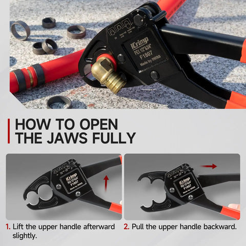Angle Head PEX Crimping Tool for Copper Rings 1/2 and 3/4 Inch IWS-1234C with open jaws and copper ring instructions.