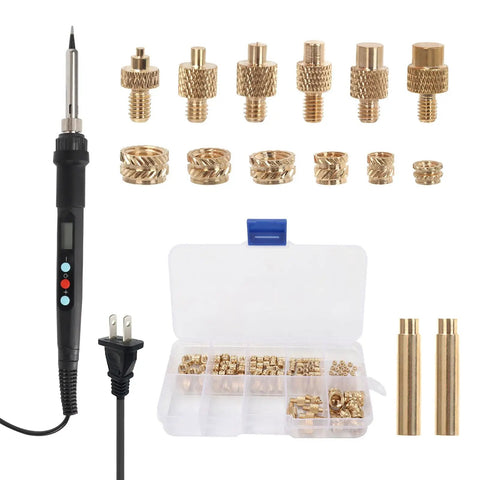 All In One Plastic Repair And Assembly Kit With Heat Set Inserts And 60W Digital Soldering Iron, M2 To M8 Brass Insert Tips shown