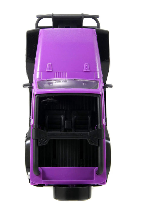 Top view of purple Jeep Wrangler One Sixteenth Scale RC Car For Kids With 2.4GHz Radio Control And Turbo Boost, black details visible