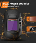 Auto Darkening Welding Helmet With Large 3.94 By 3.82 Inch Viewing Screen, dual power sources, solar and lithium-ion battery