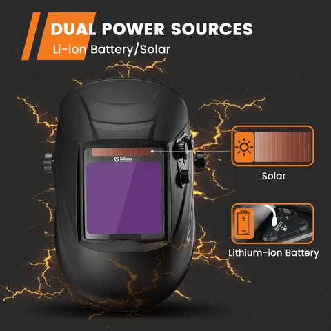 Auto Darkening Welding Helmet With Large 3.94 By 3.82 Inch Viewing Screen, dual power sources, solar and lithium-ion battery