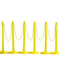 Yellow Plastic Stanchion Set With 2.5 Inch Diameter Posts, 40 Inch High, 50 Foot Chain, Six Pack Crowd Control Barriers