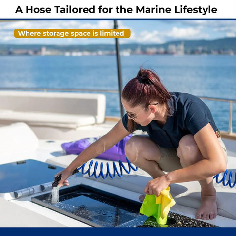 SpringHose Marine Washdown Hose 3/8 Inch Inside Diameter By 15 Ft in use on a boat with person cleaning deck.
