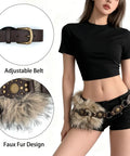 Brown Faux Fur Belt For Women Featuring Classic Pin Buckle And Y2K Vintage Street Drip With Fresh Layering Game, Plush High Pile Waist Cincher For Cozy Sweaters Plus Wide Leg Jeans, adjustable style