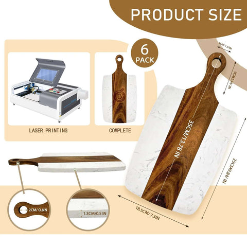 6-pack marble-and-wood cutting boards with handles; acacia wood and marble, 13.75 x 7.25 inches