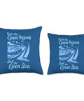 Adventure Seekers Throw Pillow With Dope Sports Car And Sailboat Design showing road trip and ocean getaway on blue cushion