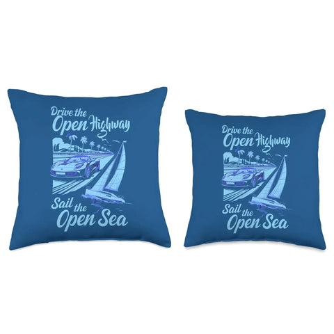 Adventure Seekers Throw Pillow With Dope Sports Car And Sailboat Design showing road trip and ocean getaway on blue cushion