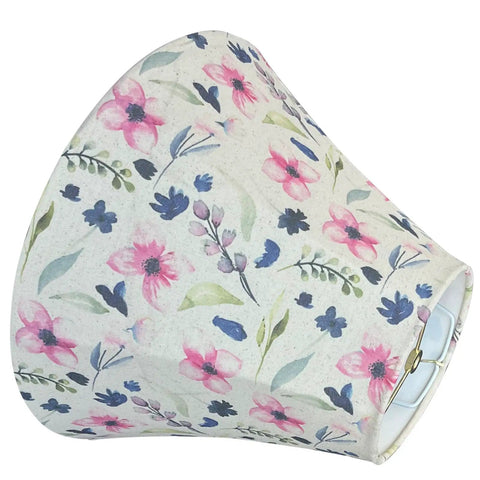 Floral patterned fabric lampshade with pink and blue flowers, featuring a spider fitter.