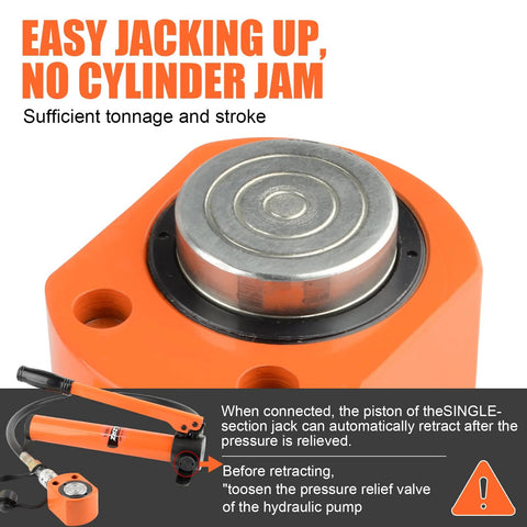 Close-up front view of orange 10-ton hydraulic jack cylinder with silver piston cap and black seal.