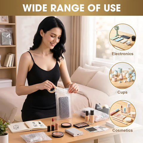 Woman using 200 Pcs Clear Bubble Pouches 4x6 Inch Bubble Wrap Bags for electronics and cosmetics on table