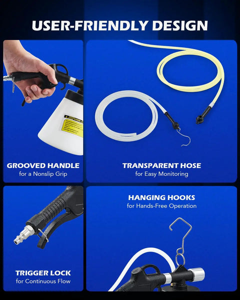 One Person Brake Bleeder Kit With 1.06 Quart Reservoir And Vacuum Fluid Extractor includes grooved handle and transparent hose.