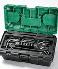 Open toolbox containing Pro-Grade 23-Piece Packing Puller Kit: Stainless Steel Gland Extractor Set with various removable tips.