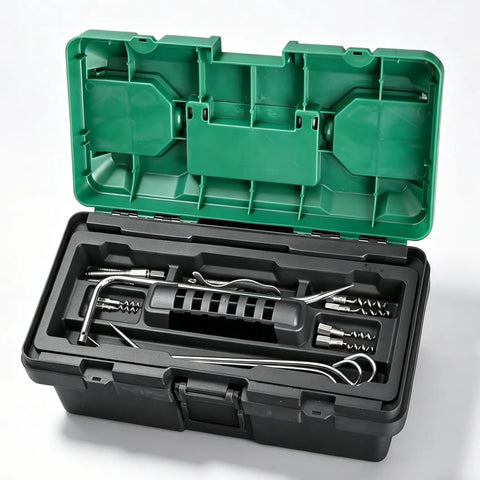 Open toolbox containing Pro-Grade 23-Piece Packing Puller Kit: Stainless Steel Gland Extractor Set with various removable tips.