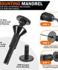 Mounting mandrel for 3/8 inch arbor cut off wheel, shows 1/4 inch shank, threaded screw, step-by-step installation guide for drills.