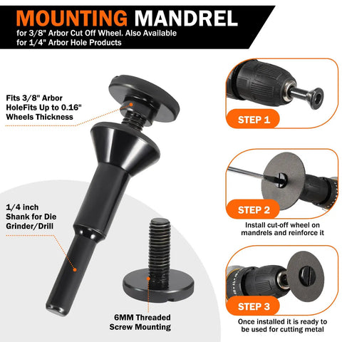 Mounting mandrel for 3/8 inch arbor cut off wheel, shows 1/4 inch shank, threaded screw, step-by-step installation guide for drills.
