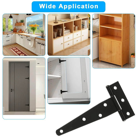 12 Pcs 6 Inch T Strap Hinges Heavy Duty Outdoor Tee Hinge for Wooden Fences Barn Doors; images of applications and a hinge.