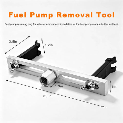 Heavy Duty Gas Pump Removal Wrench With Adjustable Spanner Grip For No Sweat Fuel Tank Lid Cover Loosening Fits Standard Socket Drive, measuring 8.3x3.5 inches.