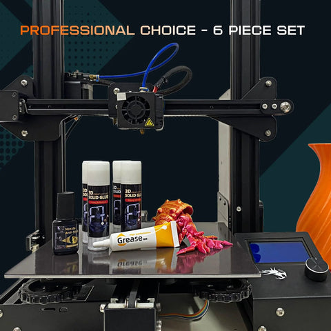 Six-piece 3D printing tools kit on a black printer bed, includes grease tube and glue bottles