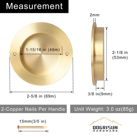 Diagram of 4 Pack Solid Brass Finger Pulls For Sliding Doors And Cabinets, 2 1/8 Inch, showing dimensions and weight in brushed gold.