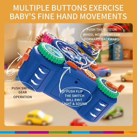 Close-up of Space Gear STEM Toy Set For Ages 3 And Up With Electric Drive System, featuring colorful gears and buttons for motion.