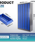 Tough As Nails Heavy Duty Parts Organizer Cabinet With 75 Drawers And Clear Label System, Rock Solid Bolt Bin For Garage And Workshop Storage 26X9X46 Inches size image showing dimensions and drawers.