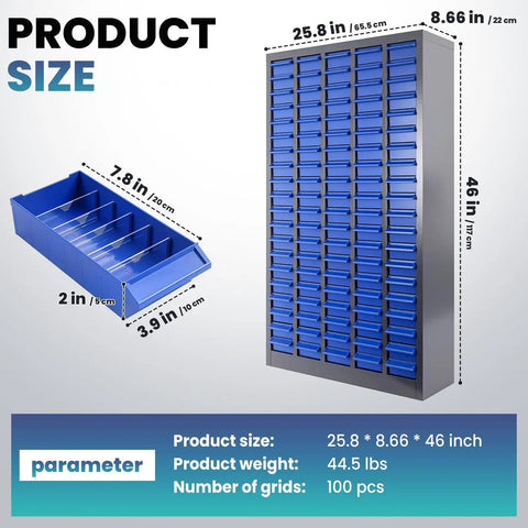 Tough As Nails Heavy Duty Parts Organizer Cabinet With 75 Drawers And Clear Label System, Rock Solid Bolt Bin For Garage And Workshop Storage 26X9X46 Inches size image showing dimensions and drawers.