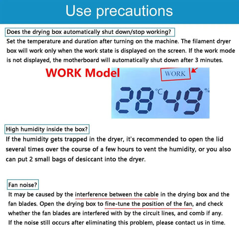 Use precautions instructions for 3D Printer Filament Dryer Box With Huge Storage For 1Kg Spools, including temperature, humidity, and noise guidance.