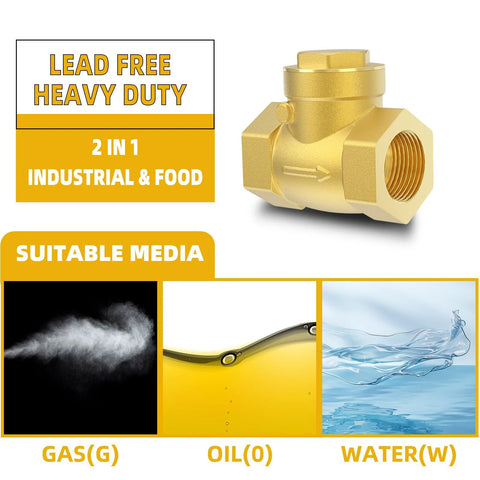 Front view of brass 3/4 in NPT horizontal check valve with threaded ends for gas, oil, or water.