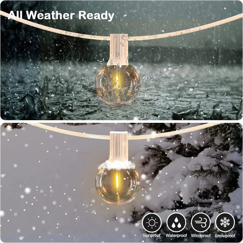 100 Feet Outdoor G40 Globe String Lights Waterproof IP44 Dope Patio Lighting With 53 Shatterproof Bulbs in rain and snow.