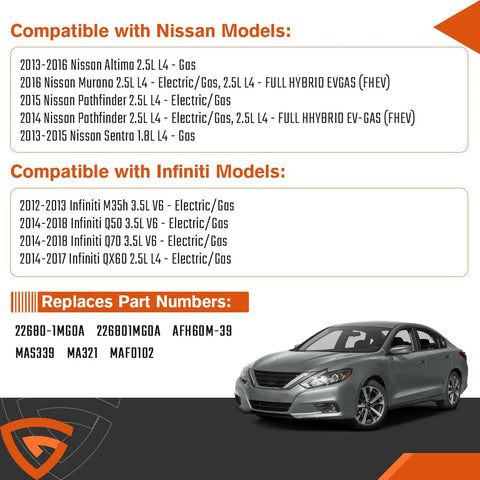 Image showing compatibility chart for Heavy Duty Mass Air Flow Sensor Assembly Direct Swap For Nissan Altima Sentra Q50 Q70 QX60.