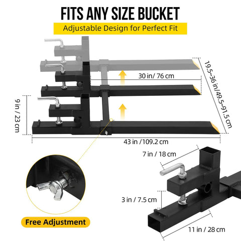 Diagram of 43 Inch Clamp On Pallet Forks For Tractor Bucket And Front End Loader showing adjustable stabilizer bar and dimensions