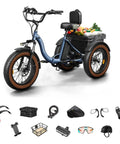 Alaskan Electric Tricycle For Adults With 48V 15Ah Rear Motor Three Wheel Cargo Trike With Large Basket 20 Inch 6061 Aluminum Folding Ebike Frame Blue, front view with basket