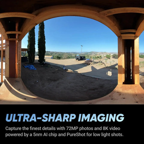 Next Level 360 Camera Construction Bundle Featuring Straight Fire 8K Video And Sharp 72Mp Photos Powered By Smart Ai Chips. Wide view from a wooden structure on a construction site.