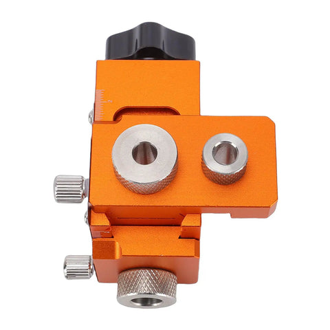 Rock Solid Double Hole Drilling Positioner With 12mm Eccentric Nut Drill Guide, orange metal jig for precise drilling.